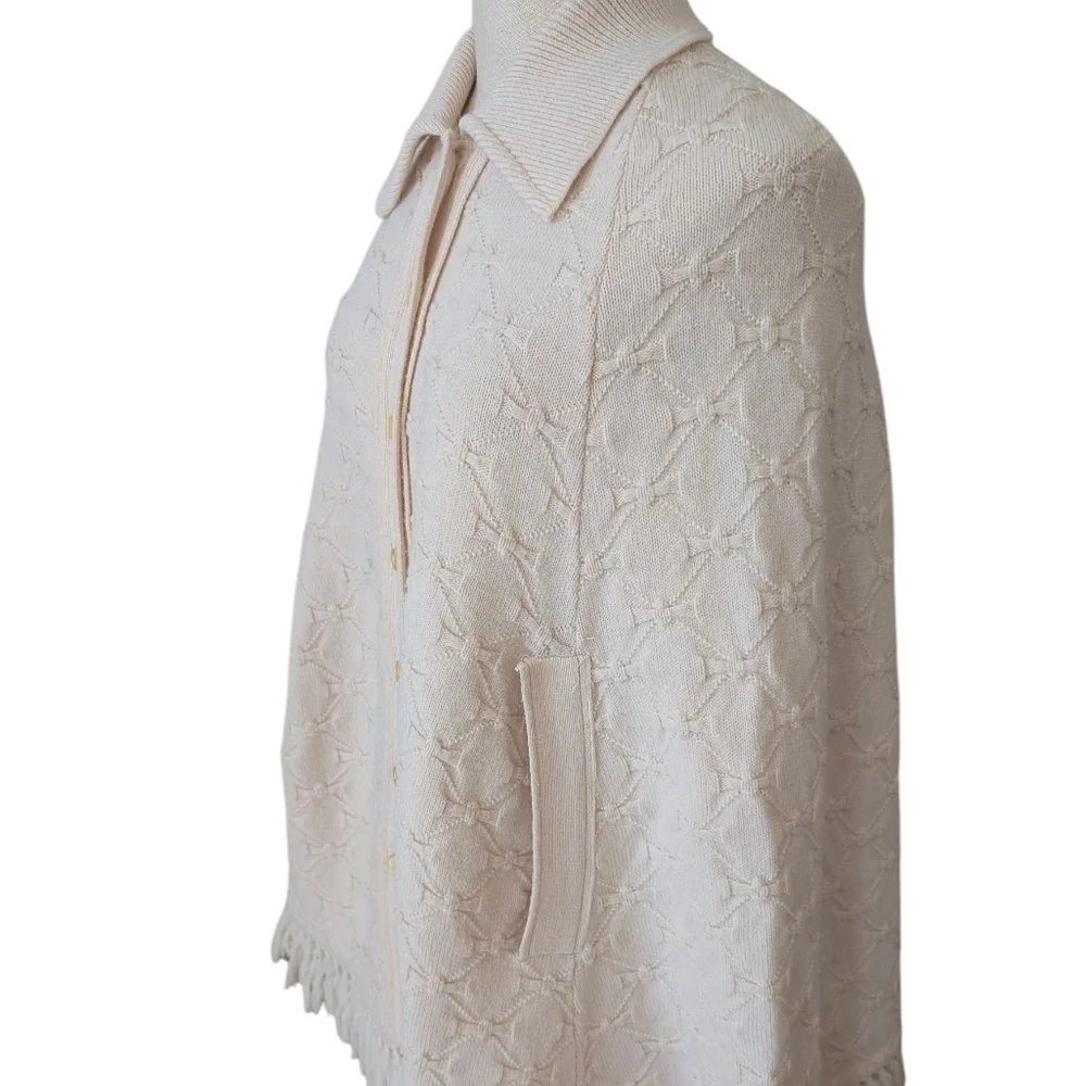 Vintage Cuddle Knit fringed, button up, knit capelet W arm holes. Medium